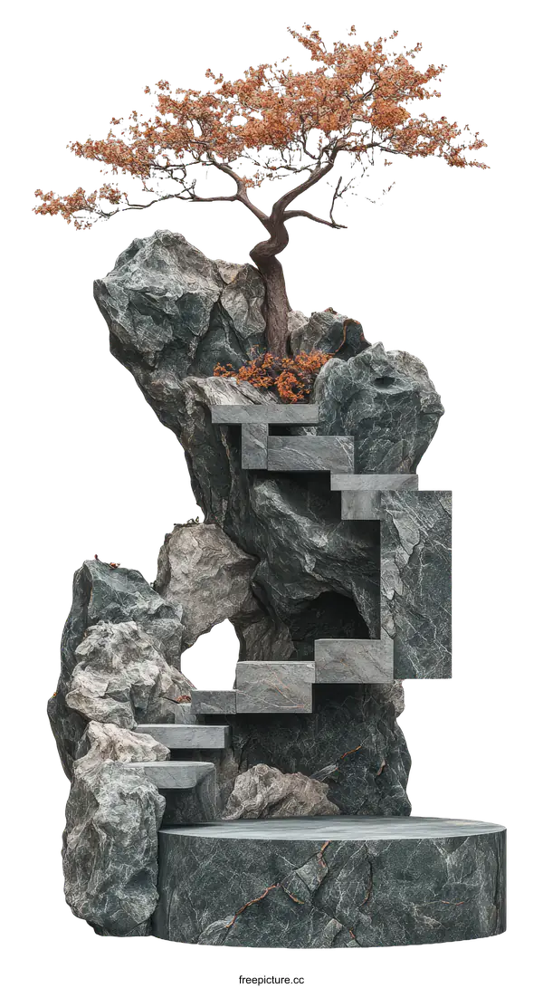[Transparent Background PNG]Abstract Stone Sculpture Display Platform with Bonsai Tree