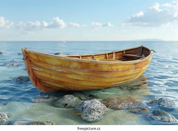 Wooden Rowboat on Calm Water with Rocky Shore