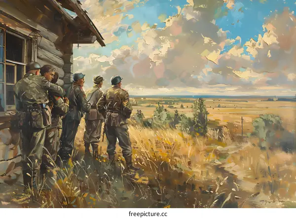 Four soldiers looking at the vast land