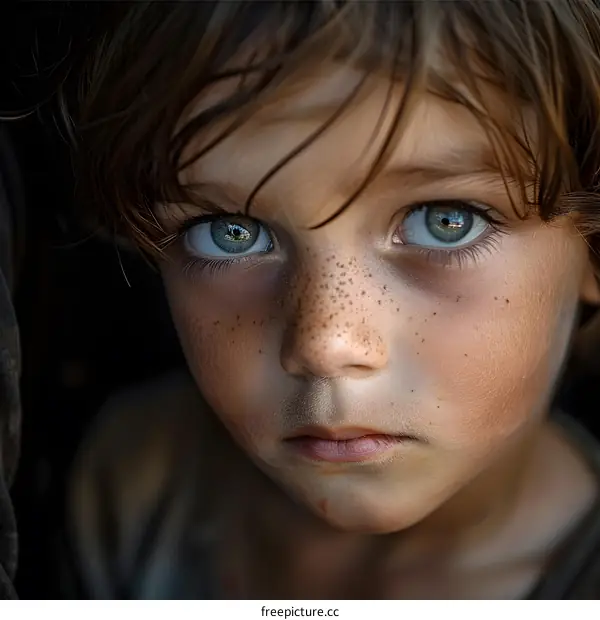 portrait of a boy with green eyes and freckles