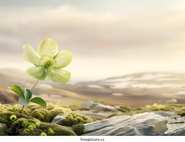 Green Flower Blooming in Mountain Landscape