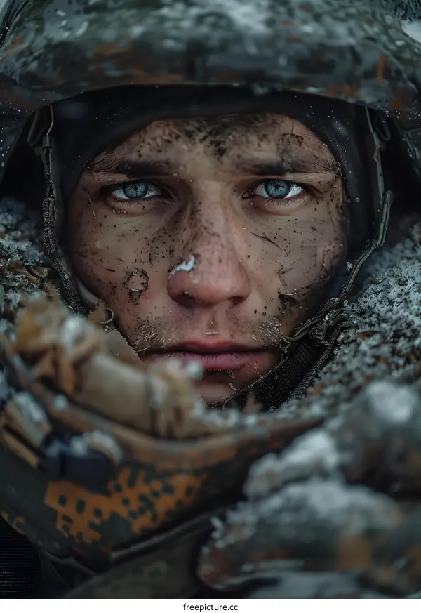 Portrait of a soldier with blue eyes and a dirty face