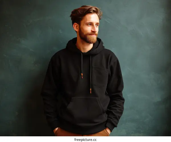 Stylish Man Wearing a Black Hoodie against a Teal Background