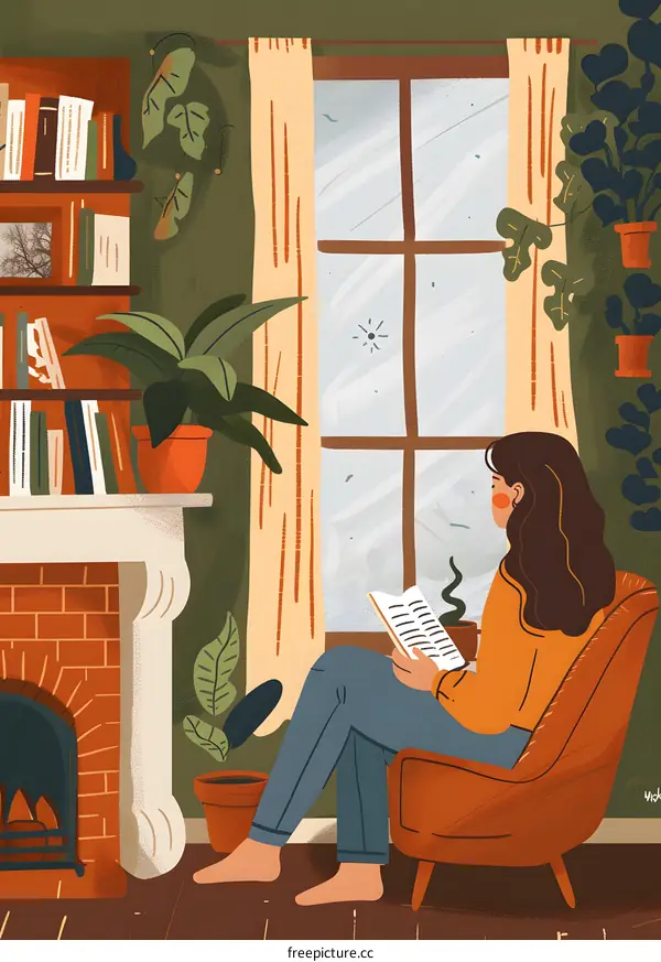 Cozy Winter Day Illustration Of Woman Reading By The Window