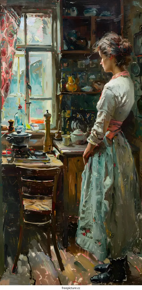A Russian Peasant Woman Cooking in a Kitchen