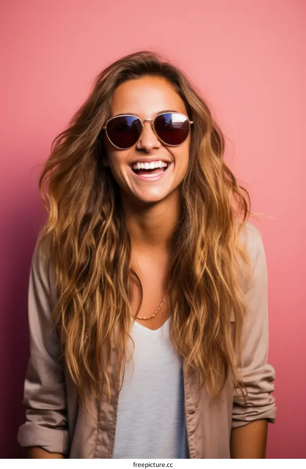 Laughing woman with sunglasses and brown hair