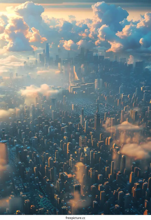 A metropolis with skyscrapers piercing through the clouds