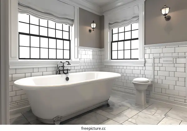 Classic bathroom interior with white bathtub and marble floor tiles