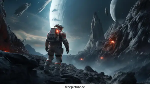 An astronaut exploring an alien planet