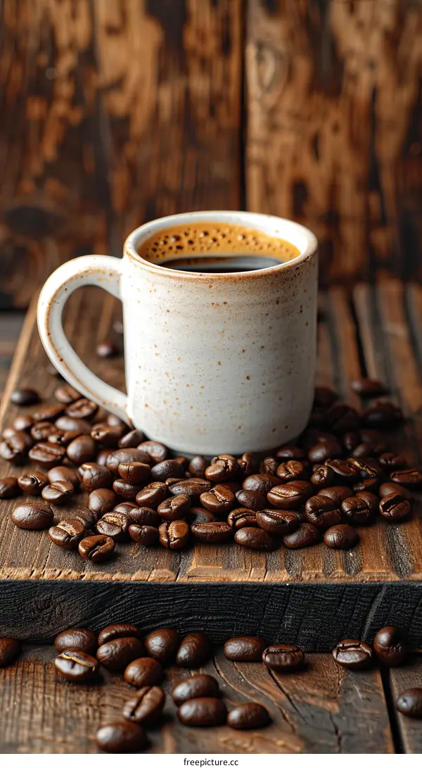 Coffee cup on wooden table with roasted coffee beans