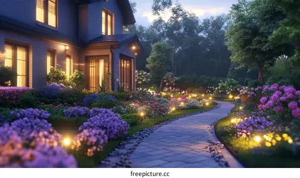 Evening Garden with Pathway and House