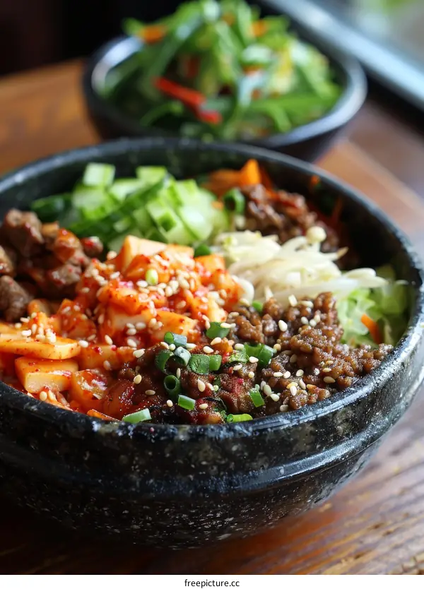 Traditional Korean Bibimbap with Side Dishes in a Stone Bowl