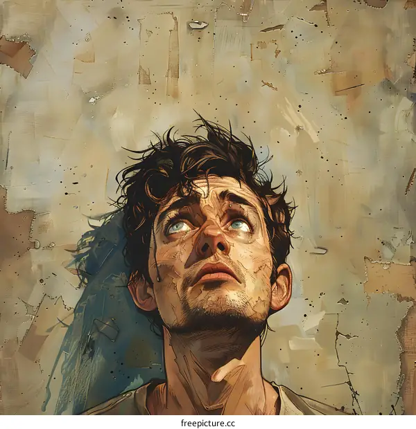 A man looking up at the sky with a worried expression on his face