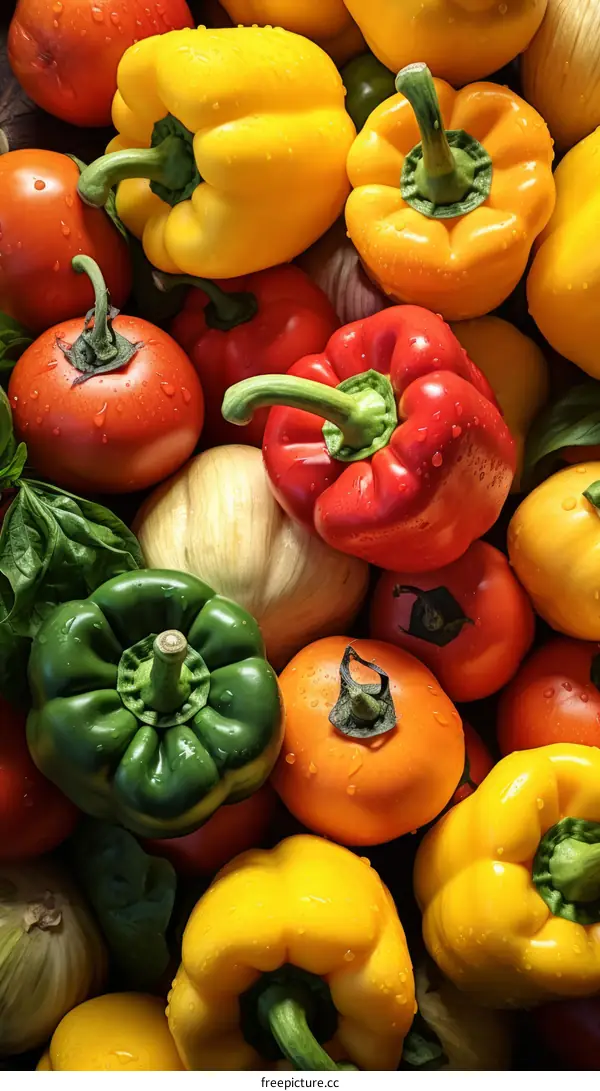 Vibrant bell peppers and tomatoes with basil and onion