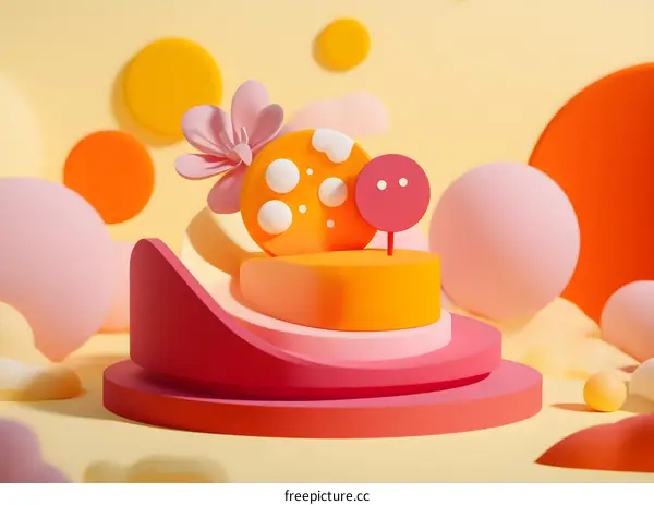 Abstract 3D Illustration with Pink Flower, Yellow and Orange Geometric Shapes