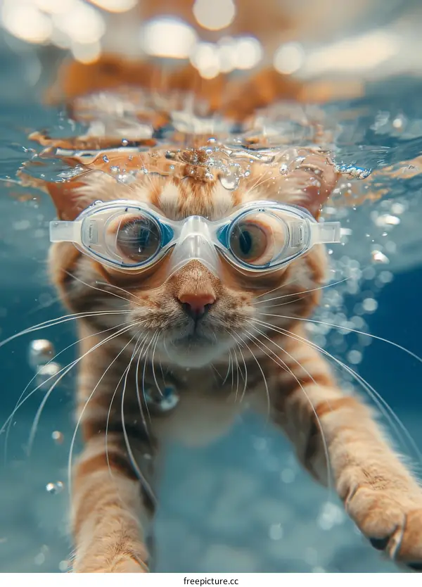 A ginger cat wearing swimming goggles swims underwater