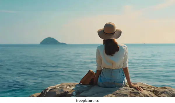 Woman in Straw Hat Sitting on Rocks by the Ocean