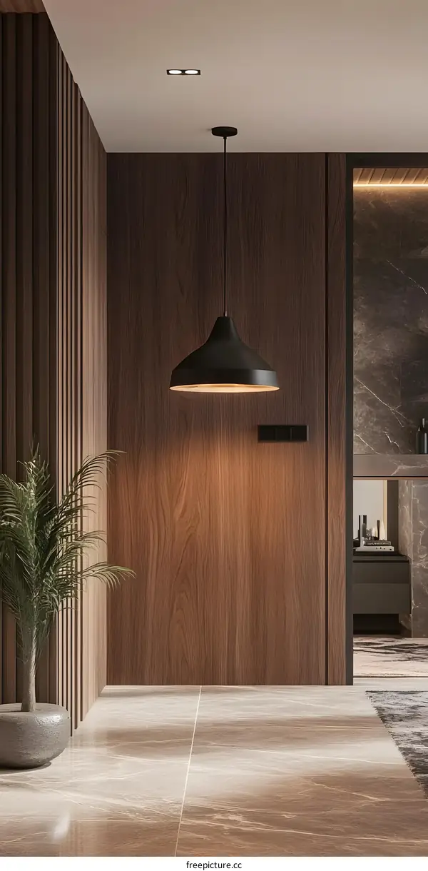 Modern Minimalist Home Interior Design with Wooden Walls and Black Pendant Light