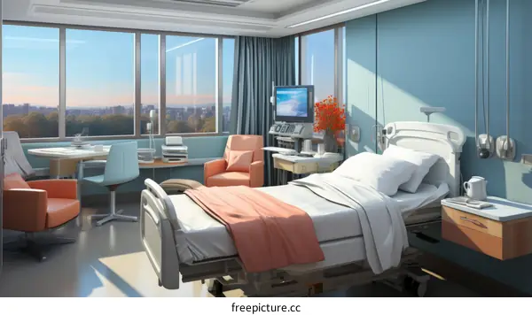 A hospital room with a bed, a chair, and a window