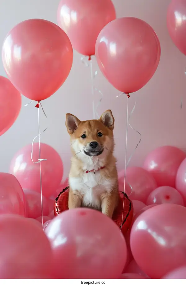 A cute Shiba Inu puppy surrounded by pink balloons