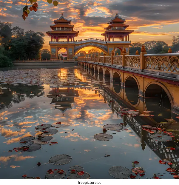 Oriental architecture and water reflection in the lake