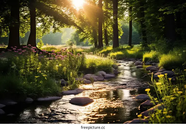 Small river flowing through a lush green sunlit forest