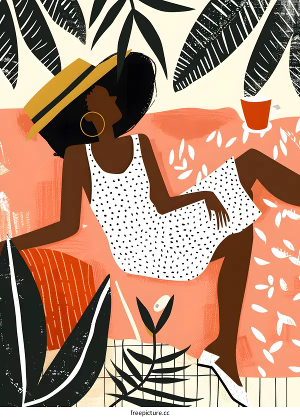 Woman in a Dress with Hat Relaxing on a Floral Background