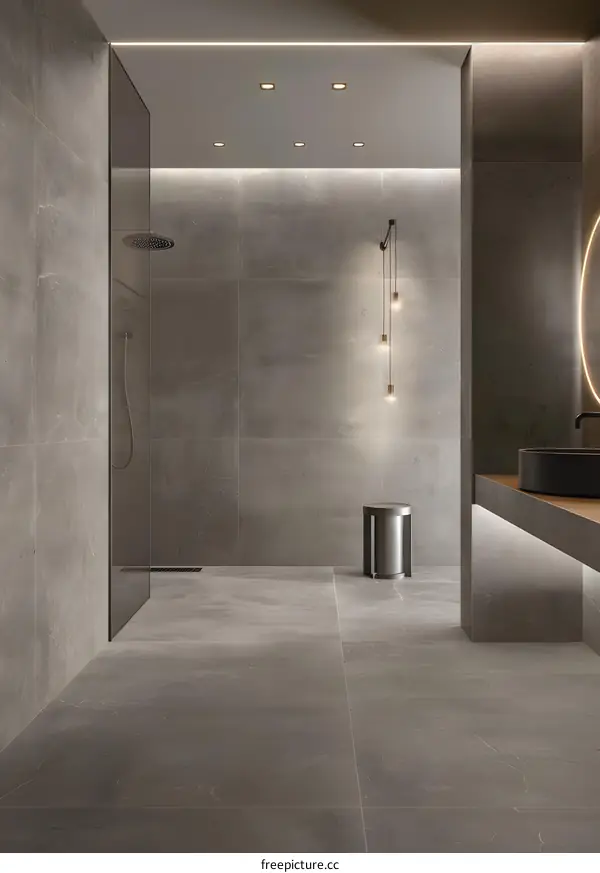 Modern Bathroom Interior Design with Grey Tiles and Minimalist Decor