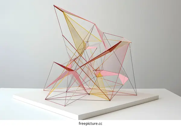 Abstract Geometric Sculpture with Pink and Yellow Threads