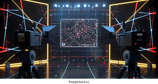 Studio Set Design with Cameras and Neon Lights