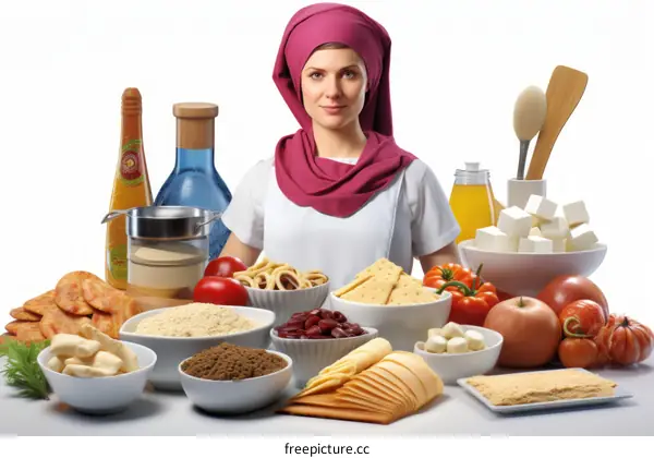 Middle Eastern woman in a pink headscarf surrounded by various food items