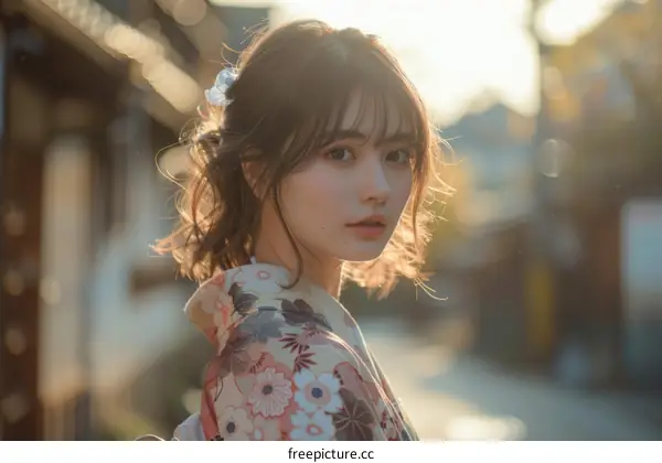 Asian Woman in Traditional Japanese Kimono in Street Scene