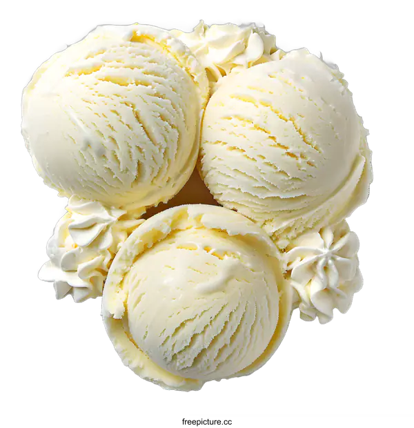 [Transparent Background PNG]Scoops of vanilla ice cream with cream on white background