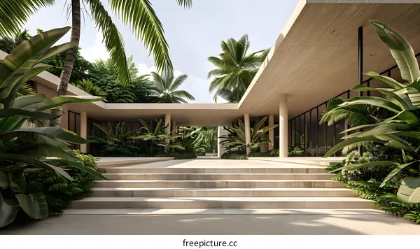 Minimalist Concrete House with Tropical Plants