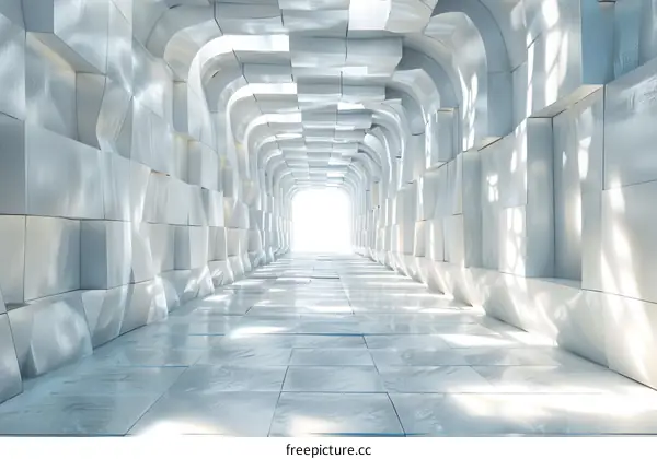 Futuristic tunnel with glowing white light at the end