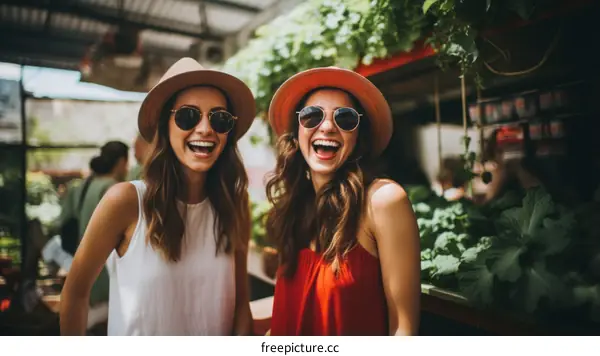 Two young women wearing sunglasses and smiling happily