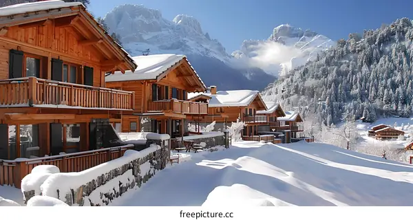 Wooden houses in a snowy mountain village