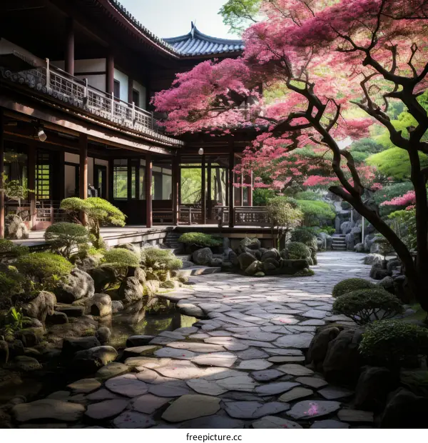 Japanese garden with a traditional house and a beautiful cherry blossom tree