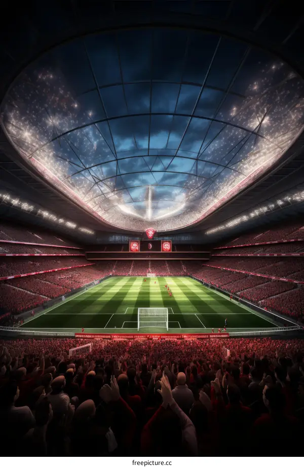 Modern stadium with a large crowd of spectators watching a football match