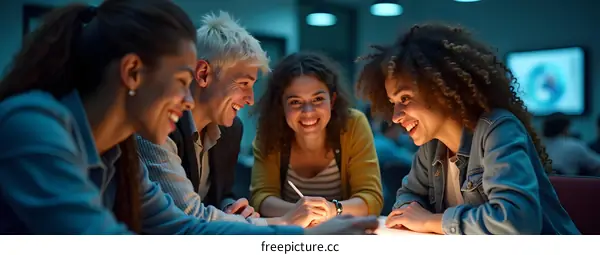 Group of Diverse Students Studying Together at Night