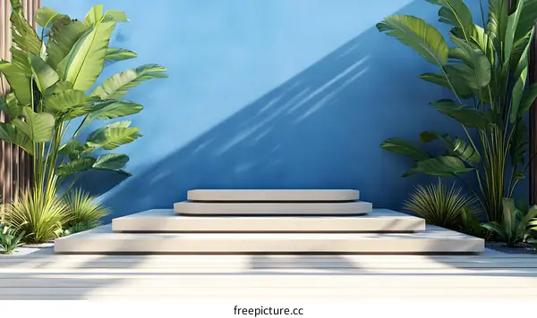 Minimalist Wooden Platform Against Blue Wall With Green Plants