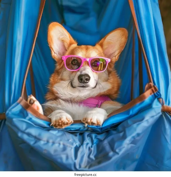 A cute dog wearing sunglasses is sitting in a blue hammock.