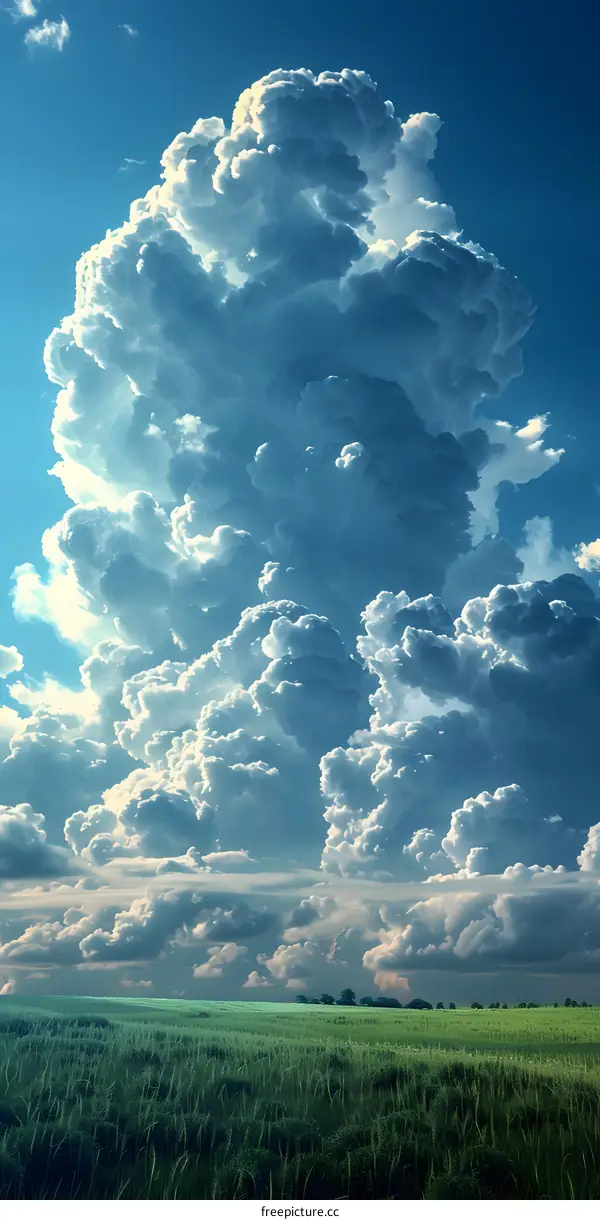 A large cumulonimbus cloud towers over a green field