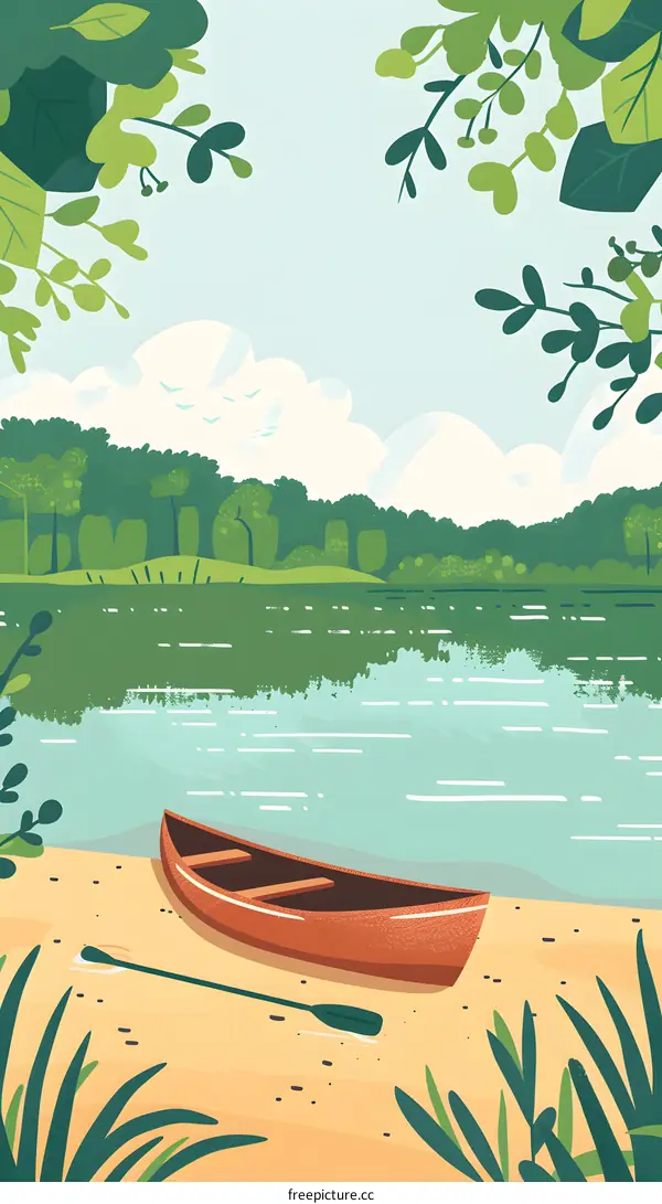 Canoe on the Lake Shore with Lush Green Foliage