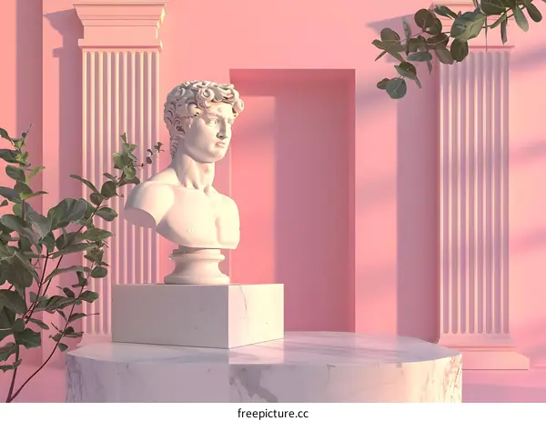 White Marble Sculpture of a Man Bust on Pink Background with White Columns and Plants