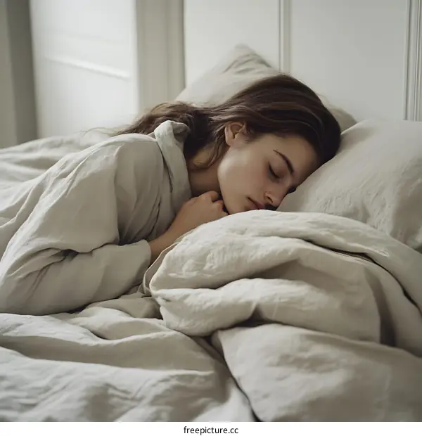 Sleeping Woman in Bed with Beige Bedding