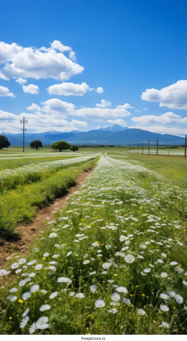 Field of white flowers with a mountain in the distance