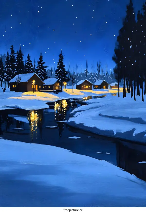 Winter Night Landscape With Cabins And River