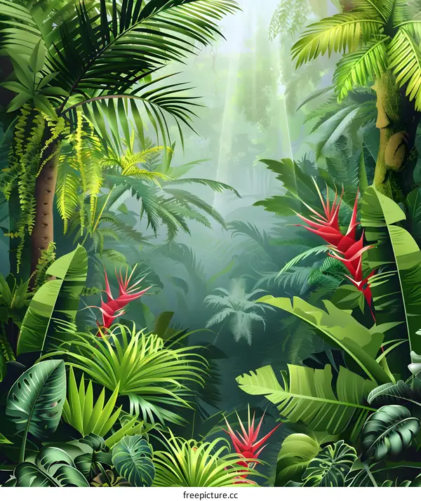 Tropical Rainforest Landscape with Lush Greenery and Sunlight