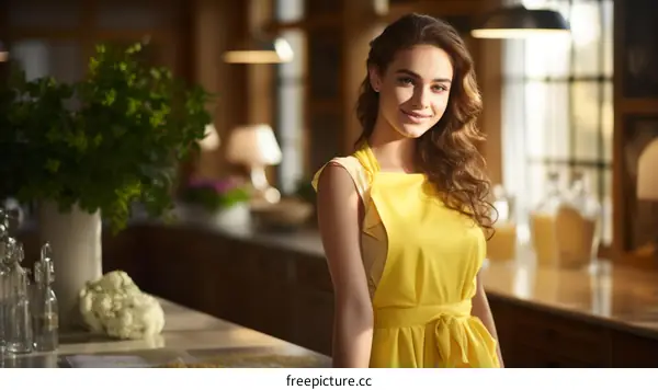 Portrait of a beautiful young woman in a yellow apron standing in a kitchen